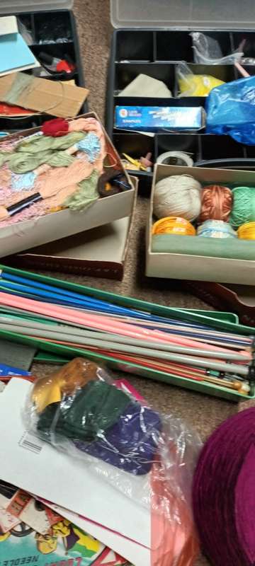 Lifetime collection of crochet, sewing and needlework items.