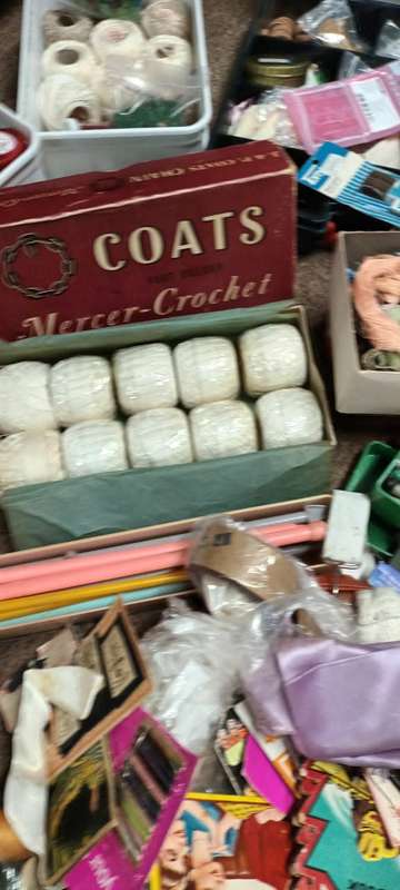 Lifetime collection of crochet, sewing and needlework items.