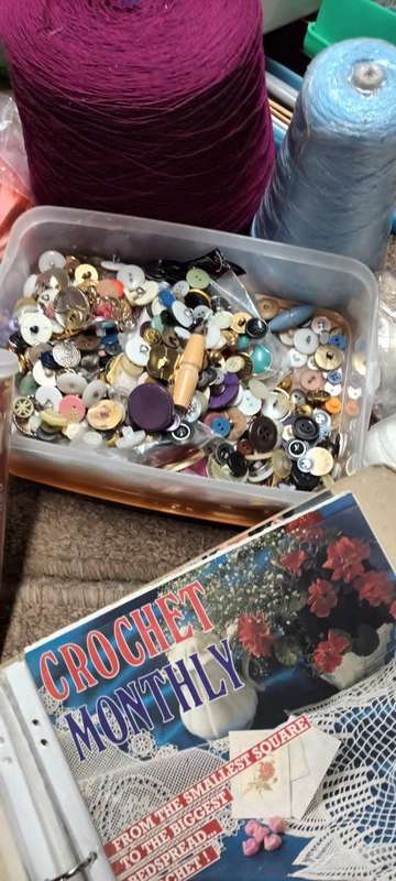 Lifetime collection of crochet, sewing and needlework items.