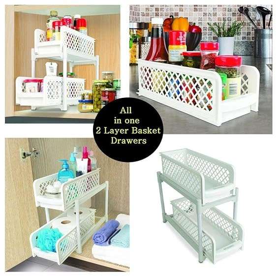 2 Tier Portable Sliding Basket Drawers Storage Cabinet Box (White)