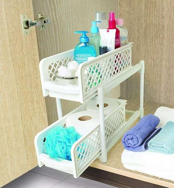 2 Tier Portable Sliding Basket Drawers Storage Cabinet Box (White)