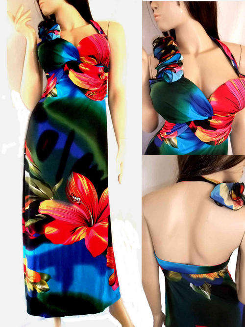 Hibiscus Waist Ruffled Maxi Dress One Shoulder Flower Pleated 32/34