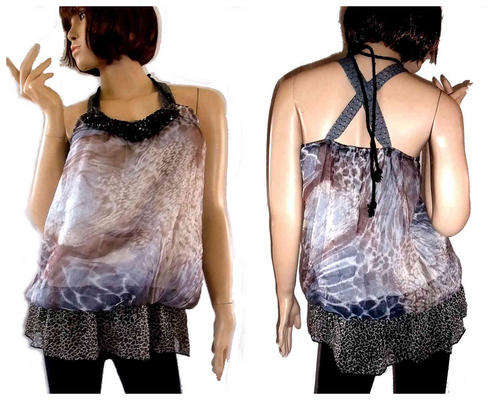 Fluid Flowing Chiffon Top Grey Aqua 36/38