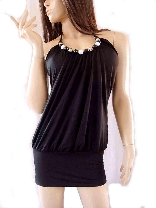 Sexy Halter Neck Beads Short Dress/Top Black Sizes 30-38