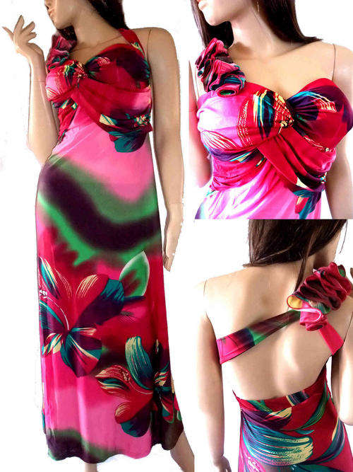 Hibiscus Waist Ruffled Maxi Dress One Shoulder Flower Pleated 36/38