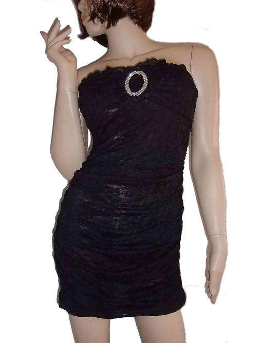 Lace Strapless Diamante Front Short Dress Black Size 32/34