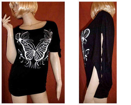 Scoop Front Open Tie Sleeve Butterfly Glitter Long Top Black 32/34