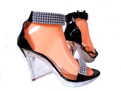 Ankle Strap Diamante High Heel Sandals Black Silver Size 4