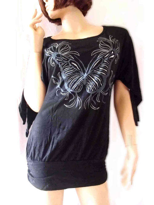 **SALE** Scoop Front Open Tie Sleeve Butterfly Glitter Long Top Black 32/34