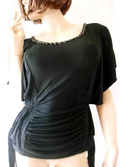 Side Tie Jewel Front Flutter Sleeve Black Top 30/32