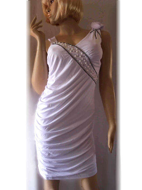 Pure White Rose Pearl Ruffle Cocktail Knee Length Dress 32/34