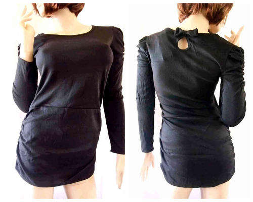Cotton Bubble Sleeve Bow Back Long Top Black 32/34