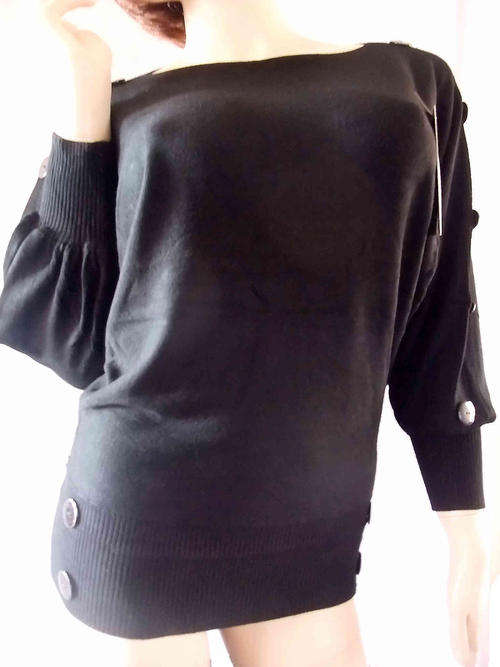 Cotton Boat Neck Dolman Sleeve Button Decor Black Top 38/40