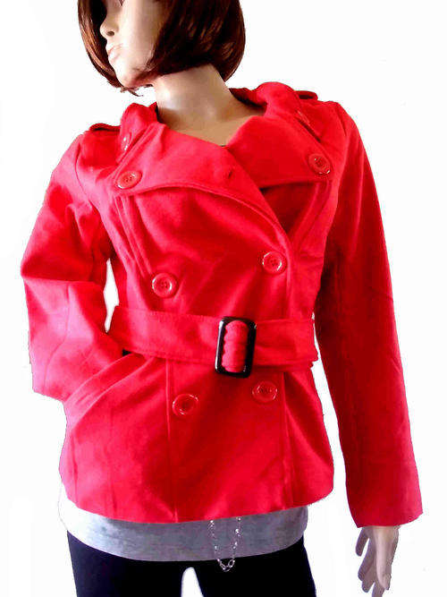 Fashion Woman's Cotton Coat Jacket Double Breasted w Belt Red Size M(32)