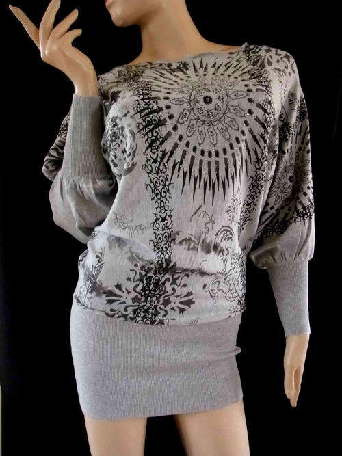 Unique Sexy Wide Collar Dolman Sleeve Dress / Long Top Grey 36/38
