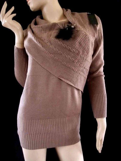 Stylish Shawl Long Sweater Camel With Brooch 36/38