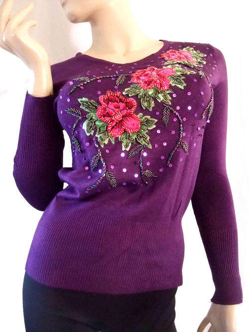 100% Cotton V Neck Knit Top With Floral Sequins Dark Purple