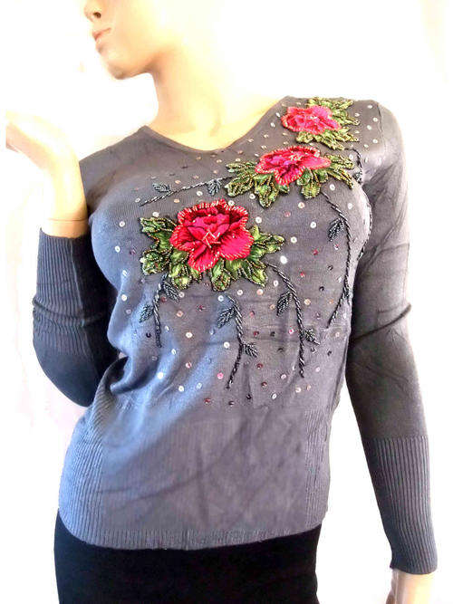 100% Cotton V Neck Knit Top With Floral Sequins Dark Grey