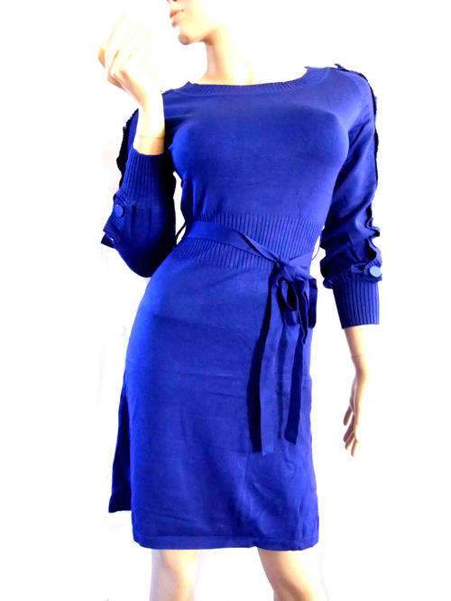 Glamorous Knit Dress Button Decor Sleeve W Belt Dark Blue