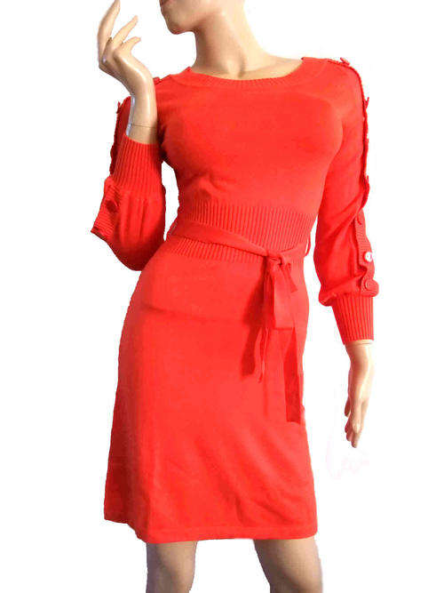 Glamorous Knit Dress Button Decor Sleeve W Belt Orange