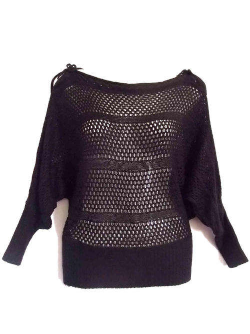 Fashion Boat Neck Knit Top Black Bare Shoulder Free Size (32-36)