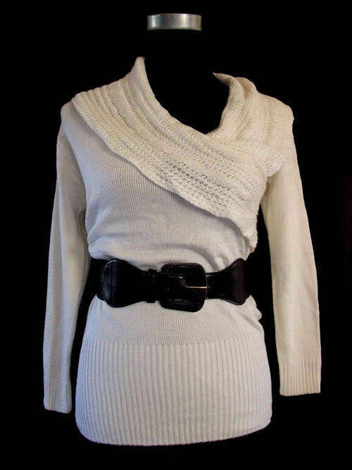 Shawl Sweater With Belt Cream