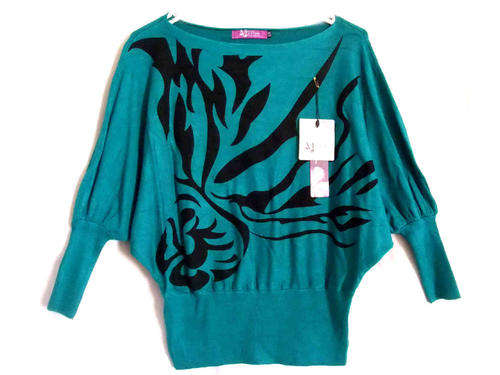 Stylish Wide Collar Batwing Sleeve Knit Top Teal Blue 32/34