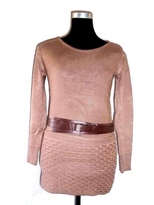 Scoop Front Long Knitwear With Belt Brown One Size