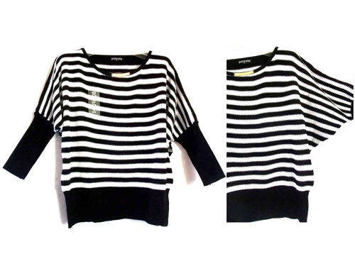 **S a l e **Round Neck 3/4 Batwing Sleeve Striped Top Black 36/38