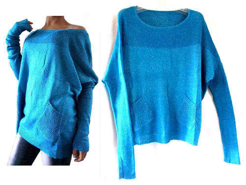 Trendy Light Knitwear Extra Long Sleeves Glitter Cotton Top Ocean Blue
