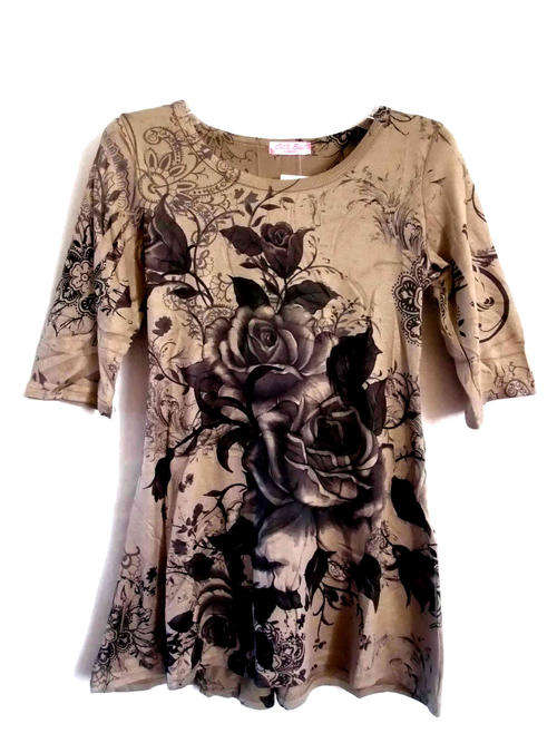 Super Stretchy Elbow Length Sleeves Floral Shaped Waist T-Shirt Camel