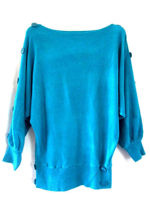 Cotton Boat Neck Dolman Sleeve Button Decor Blue Top 38/40