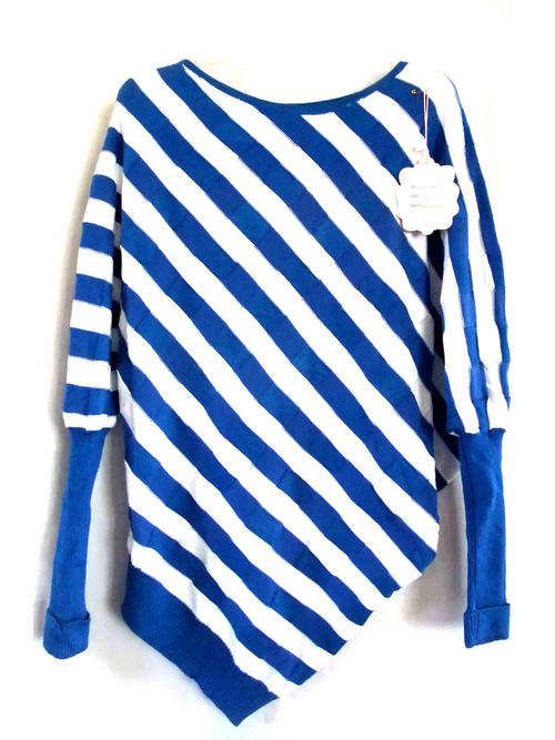 Fashion Unbalanced Long Knitwear Blue/White