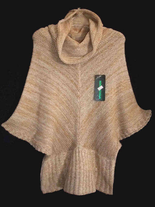 Poncho Style Turtleneck Knitwear Light Brown Free Size