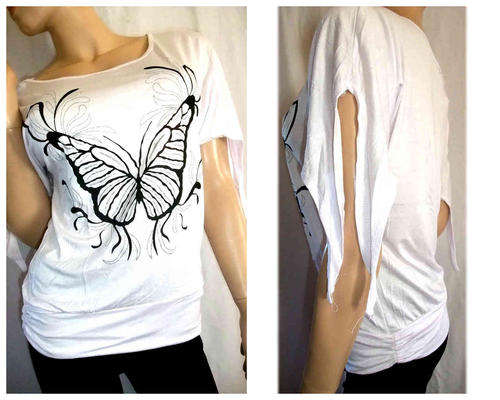 Scoop Front Open Tie Sleeve Butterfly Glitter Long Top White Size 34/36