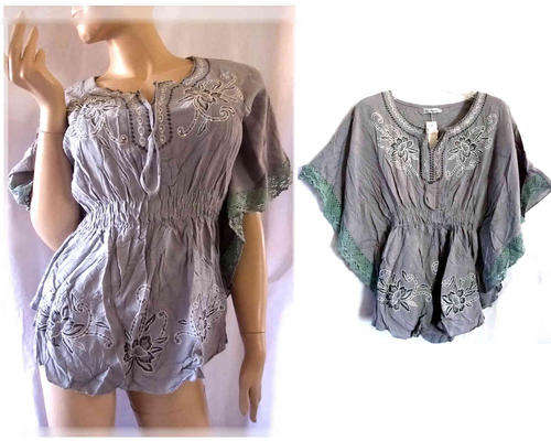 Flutter Sleeve Embroidered Tunic Top Silver Grey Size 36/38