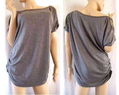 Cotton Open Shoulder W Chains Details Ruching Sides Long Top Dark Grey Size 34/36