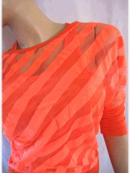 2 Piece Cotton Sheer 3/4 Sleeve Stripe Long Top Neon Orange Size 32/34