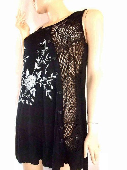 Unique Lace Long Top Floral Print W Sequins Black Size 36/38