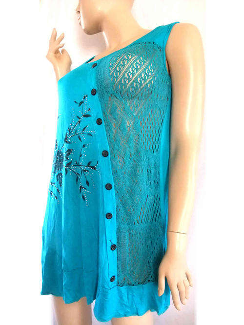 Unique Lace Long Top Floral Print W Sequins Turquoise Size 38/40
