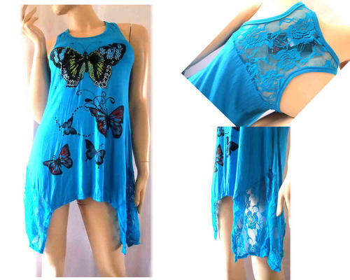Butterfly Print Cotton Long Top Lace Hem N Back Blue Size 34/36