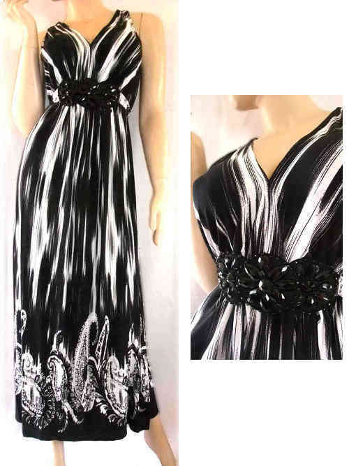 Elegant V-neck Jewel Front Evening Dress Black/White Size 38/40