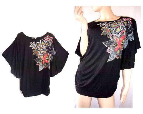 Butterfly Sleeve Floral Print Round Neck Cotton Top Black Size 32/34