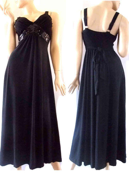 Elegant Ruched Sequin Bust Maxi Dress Black Size 38/40