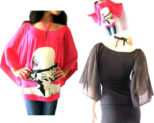 Fashion Cotton Chiffon Bell Sleeve Blouse Black Size 34/36