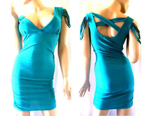Sexy Tassel Shoulder Cross Back Evening Dress Teal Size 32/34