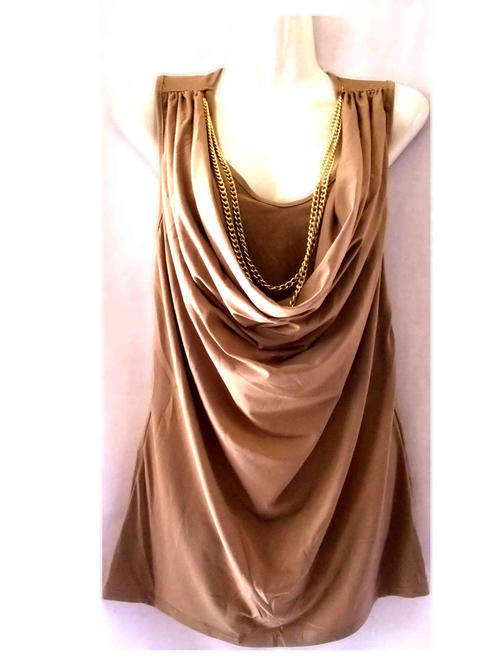Chain Drop Front Long Top Sleeveless Camel Size 36/38