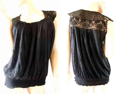 Lace Embroidered Cotton Long Top Black Size 34/36