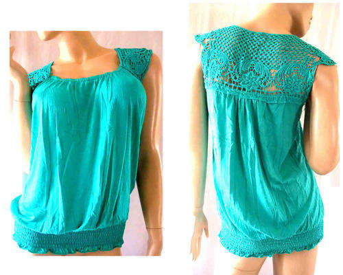 Lace Embroidered Cotton Long Top Turquoise Size 32/34