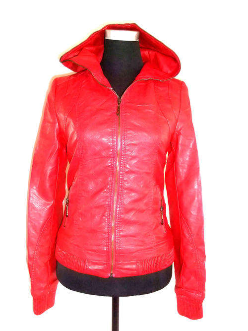 Fashion Women's Leatherlike Hooded Jacket Red Sizes 30-36